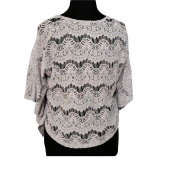 Lace Stitch Embroidered Crop Gray Poncho Boxy Floral Beachy Coastal - Picture 5 of 12